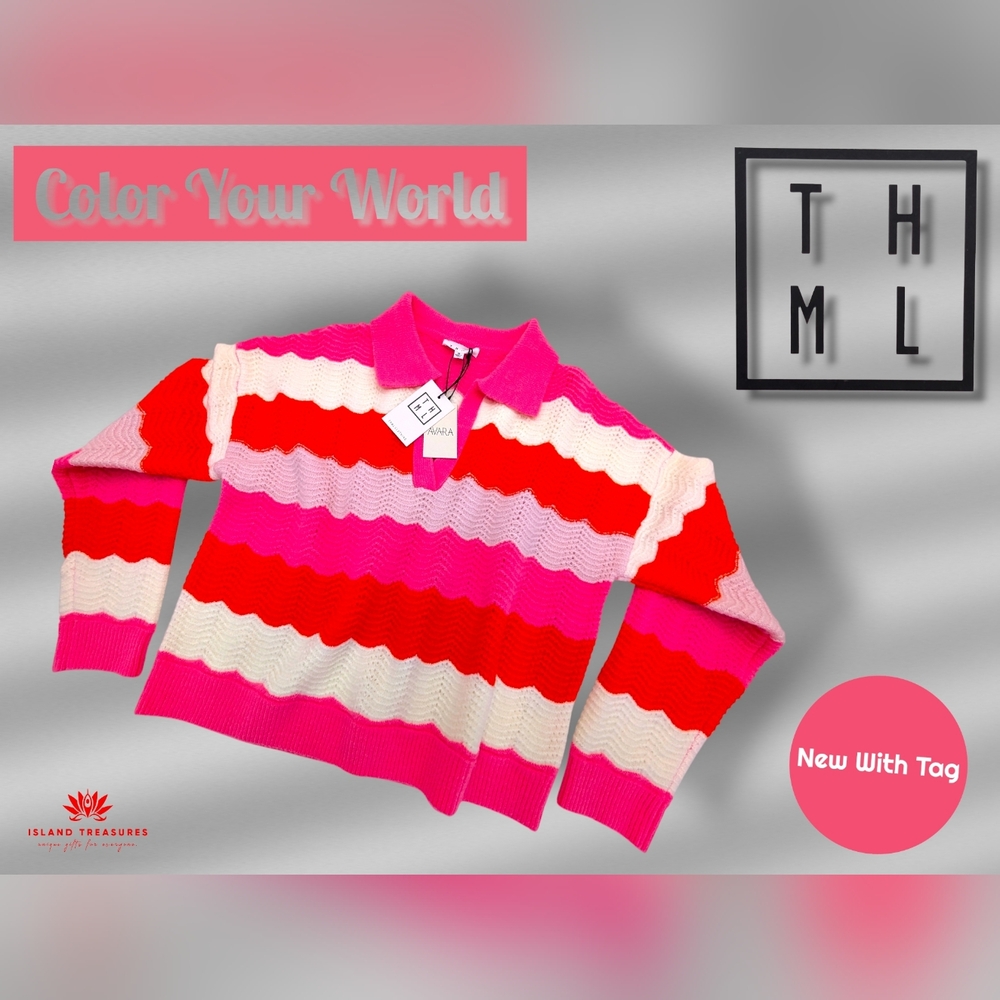 New THML Faye Sz Medium Wavy Knit Vibrant Striped Pink, White and Orange Sweater